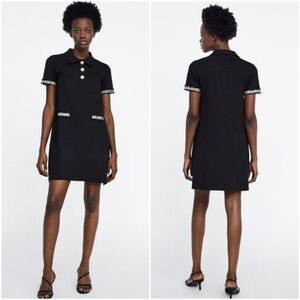 Zara Black Short Sleeves Tweed Pearl Buttons A-line Polo Mini Sweater Dress sz L